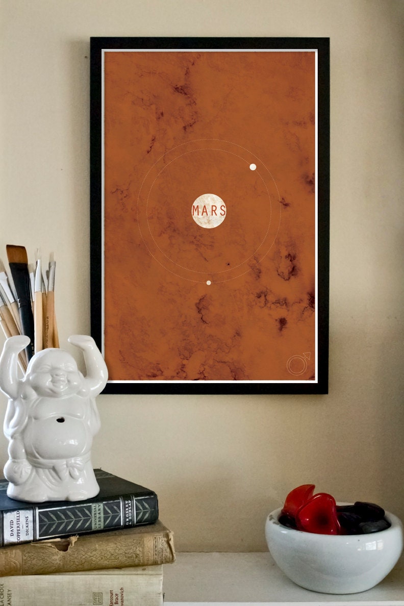 The Planets: 11"x17" Vintage Inspired Modern Art Print- Mars and its Moons