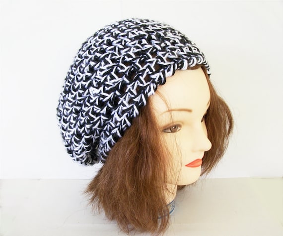 Chunky Slouch Hat Autumn Hat Crochet Beret Black and White Tam
