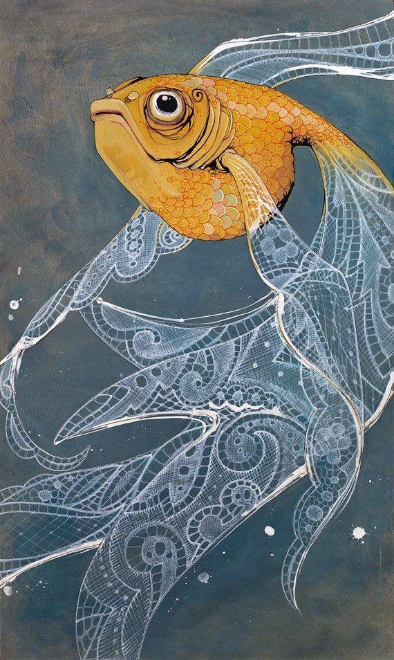 Art print, orange goldfish, with flowing white lace fins on blue stained birch wood
