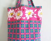 Tote Bag - Bright Pink Daisies and Plaid