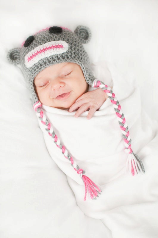 Crochet Baby Sock Monkey Earflap Hat Newborn Heather Grey/Watermelon/White MADE TO ORDER