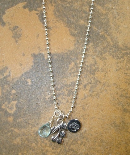 Silver Om, Leaf and Blue Topaz Charm Yoga Necklace