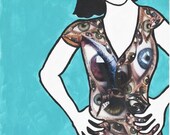 Unique Greeting Card, Colorful, Blank, 5x7, Weird, Odd, Unusual Notecard, Woman with Eyeball Dress on Turquoise, Teal, Blue background