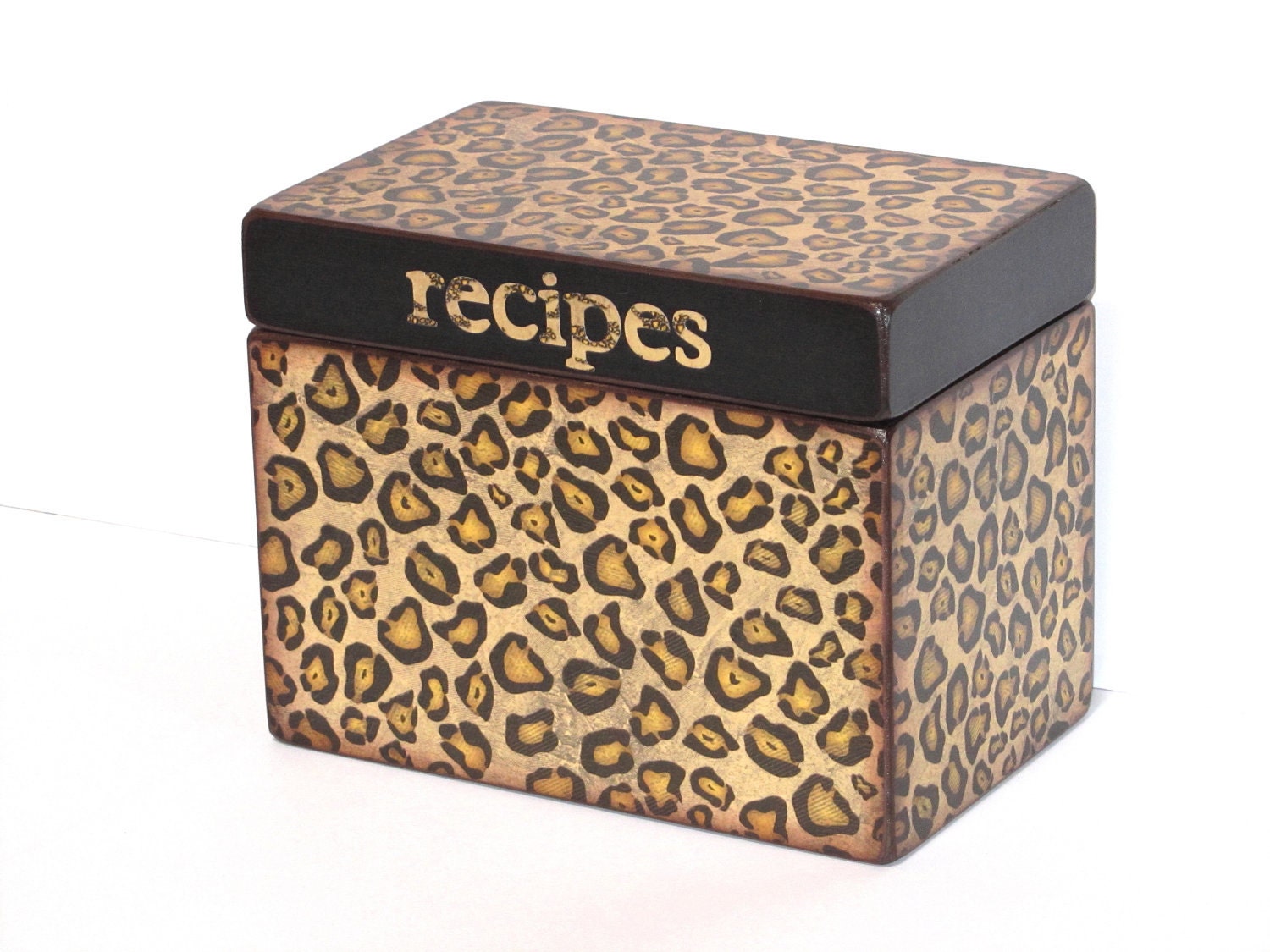 Recipe Box - Cheetah Spots - 4x6 inch recipe card wood box - personalized