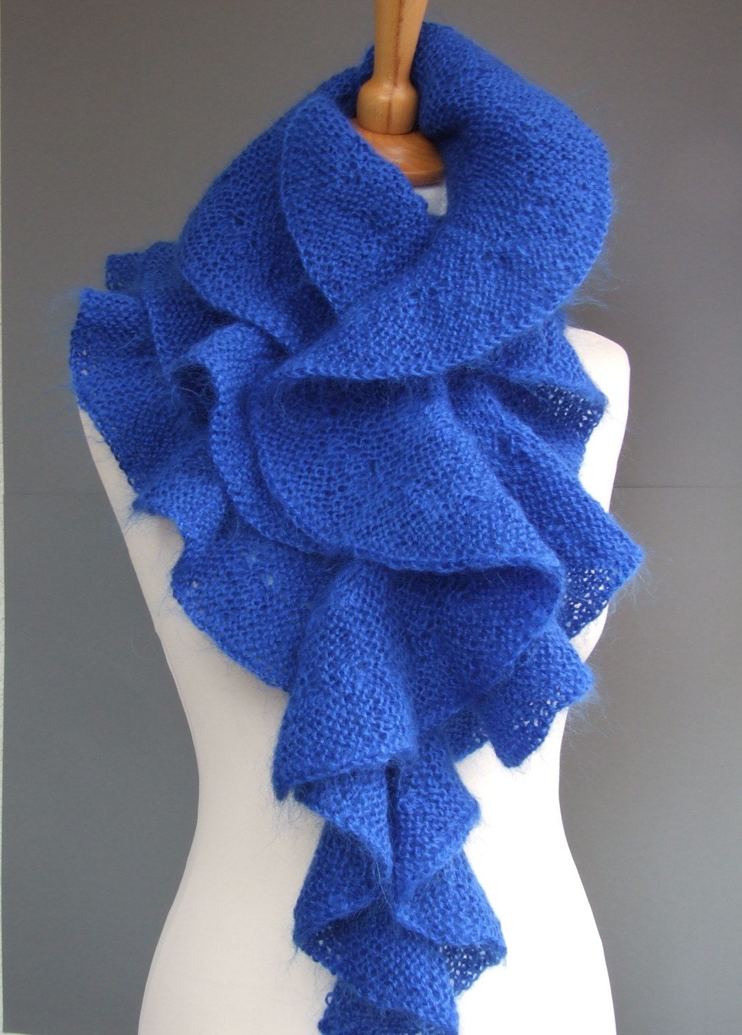 Blue scarf hand knitted of mohair yarn