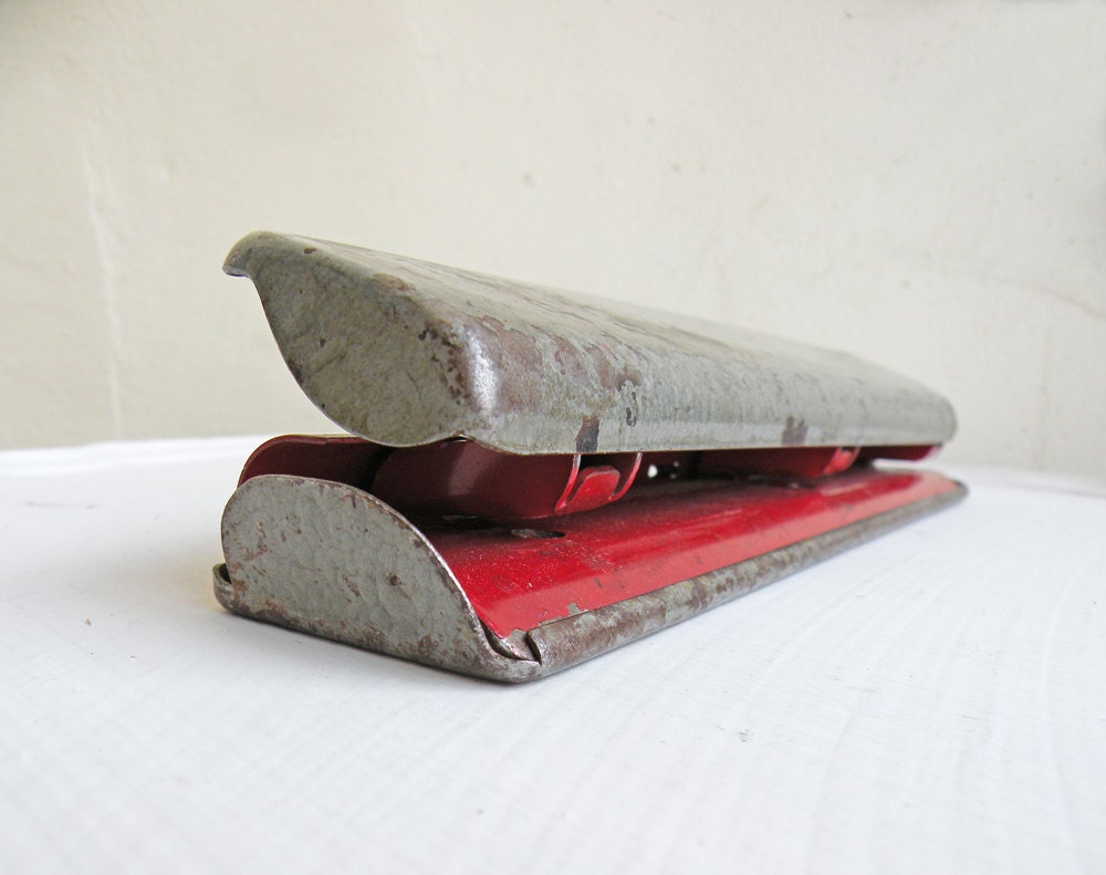 Vintage Clix Paper Punch Mid Century Industrial Office Cubicle Decor Metal Three Hole Red Grey with Original Box Made in USA Office Supplies