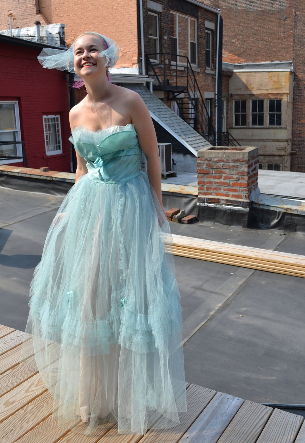 1950's Tulle Party Dress with Veil Robin's Egg Blue