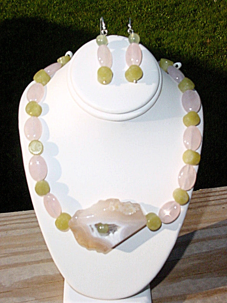 Handmade Sterling Silver Jewelry Set Necklace Earrings Olive Green Jade Pink Quartz and Druzy Gems Necklace Earrings
