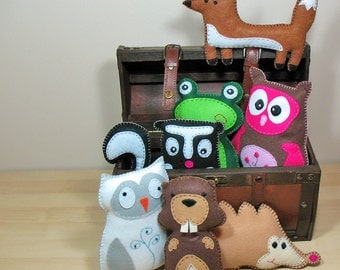 7 Woodland Forest Stuffed Animal Hand Sewing PATTERNS - DIY Owl Fox Frog Skunk Hedgehog Beaver Plushies - Easy