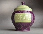Pet Treat Jar Made To Order Green & Purple Wheel Thrown by Symmetrical Pottery