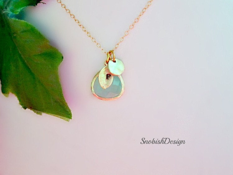 Personalized Initial Necklace, Aquamarine Jewelry, Hand Stamped Initial Charm, Customized Jewelry, Dainty Gold Necklace, Mothers Necklace