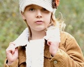 5/Tween or Teen/Adult Newsgirl Newsboy Crocheted Hat in Linen with Pumpkin and Espresso  Flower