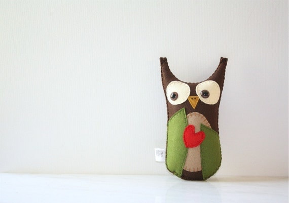 Felt Owl Plush Stuffed Animal, Owl Stuffed Animal, Felt Animal Plush, Green Brown Owl Soft Toy