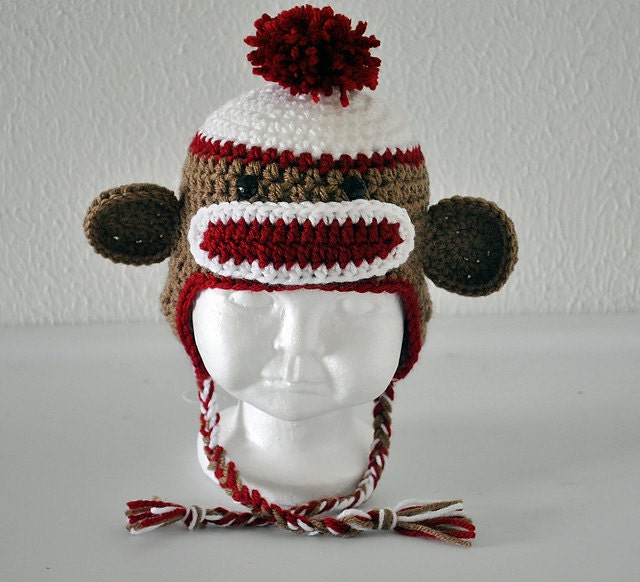 Sock Monkey Earflap Hat - Infant, Toddler, and Child Size - MADE TO ORDER