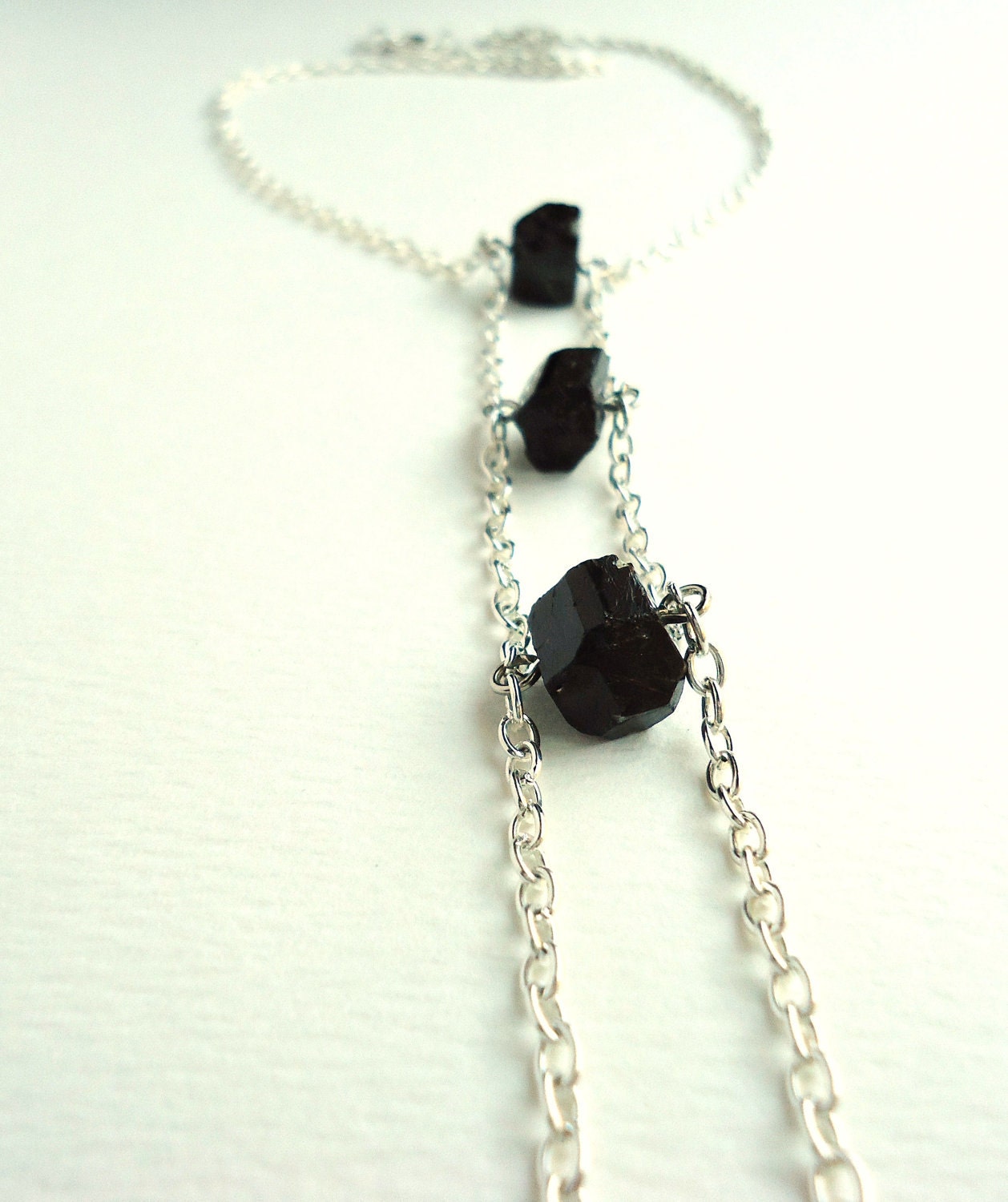 Black Quartz Tourmaline Long Ladder Style Silver Necklace