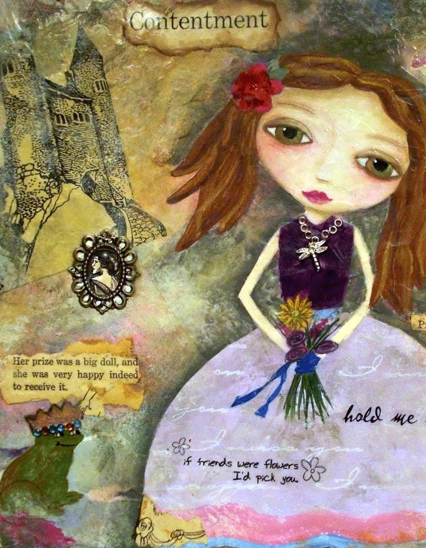 CONTENTMENT - Princess, Frog Prince, Dream - Mixed Media Art Collage 8x10 PRINT  Girl Power, Inspirational Art, Folk Art, Whimsical Art
