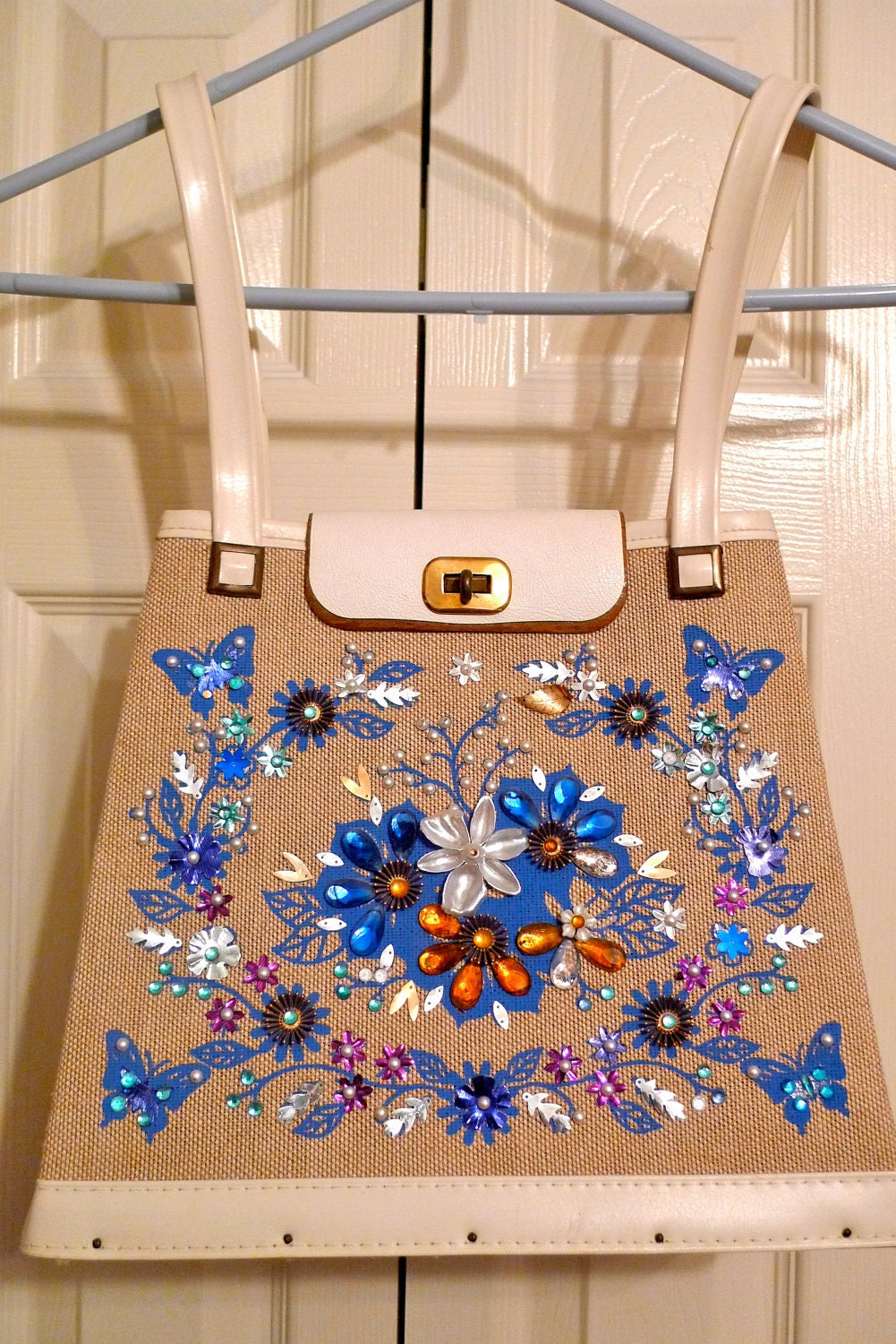 Butterfly Canvas Bucket Bag Purse 1970s Rhinestones Periwinkle Butterflies Flower Sequins Kit Handbag FREE SHIPPING
