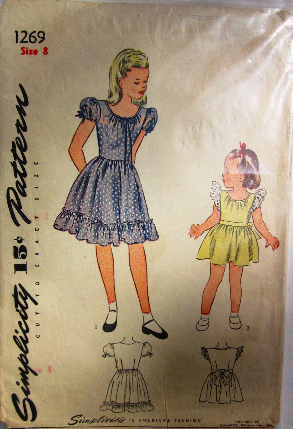Simplicity 1269 Girls Dress Sewing Pattern Size 8 1940s Vintage Unprinted