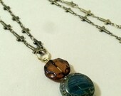 Vintage Crosses Long Chain  Aquamarine Atlantis and Amber Glass Disk Coins