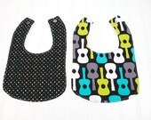 Guitar Baby Boy Bib Set Michael Miller Groovy Guitars Black Aqua Blue Teal Terry Cloth Back