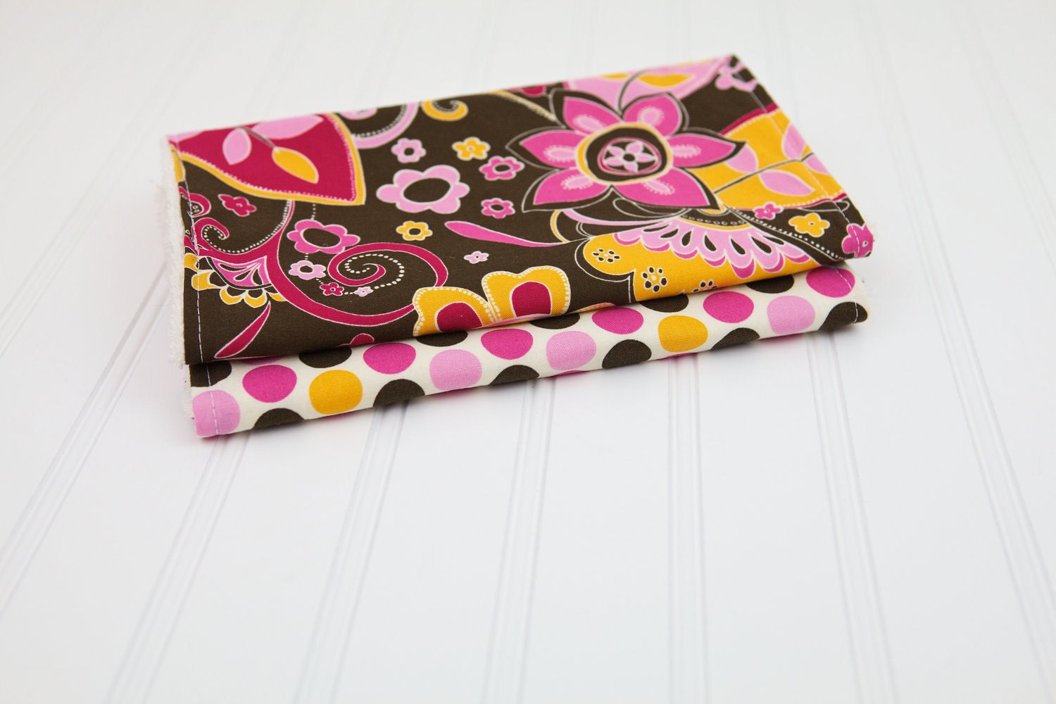 Baby Girl Burp Cloths Floral and Polka Dot Set of Two Pink Orange and Brown