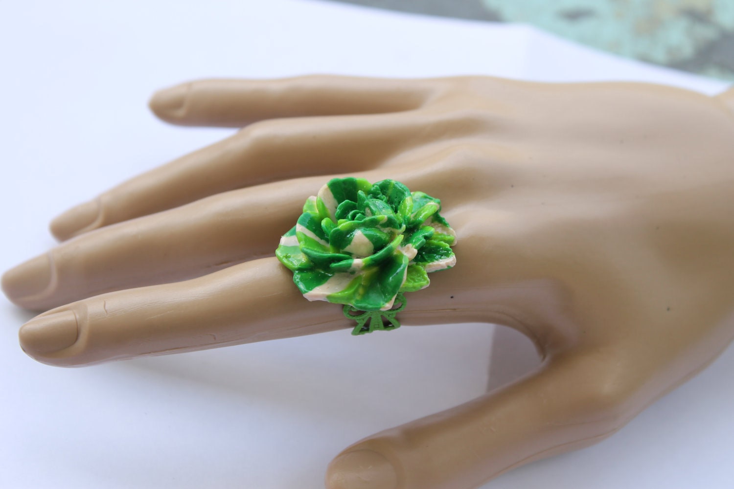 Divalicious  Dreamy Greens n whites Polymer clay bold Statement  flower ring with adjustable Filigree band.Handmade By: Tranquilityy