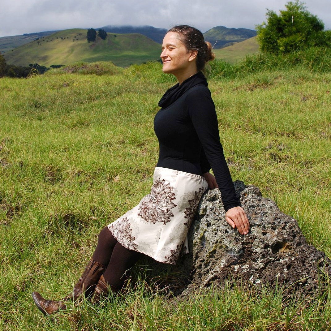 Women's Short Skirt - A Line - Organic Cotton  - Brown Cream Floral Print - Organic Clothing - Eco Friendly