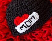 I Love Mom Beanie in Black, White and Candy Apple Red Available in Newborn to 5 Year Size- MADE TO ORDER