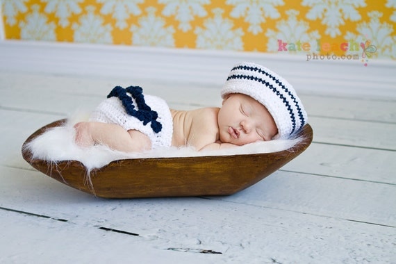 Little Miss Sailor Hat in White and Navy Blue with Matching Ruffle Butt Diaper Cover Available in Newborn to 24 Months Size- MADE TO ORDER