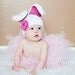 Floppy Ear Bunny Beanie in White and Bright Pink Available in Size Newborn to 5 Years- MADE TO ORDER
