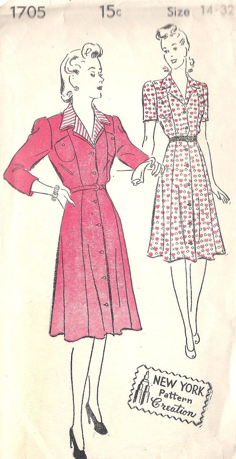 1940s Misses Front-Closing Princess Dress Vintage Sewing Pattern with Separate Dickey, New York Pattern 1705 bust 32" uncut