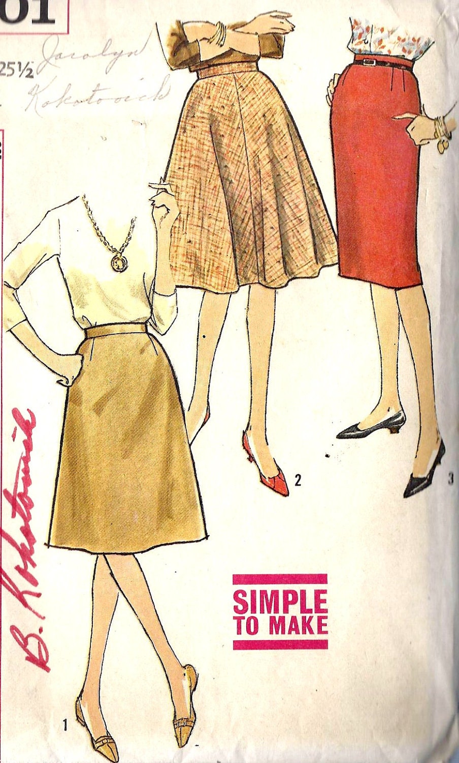1960s Junior Skirt Vintage Sewing Pattern, Slim, A Line and Flared, Simple to Sew, Simplicity 4601 Waist 25.5", Hip 35"