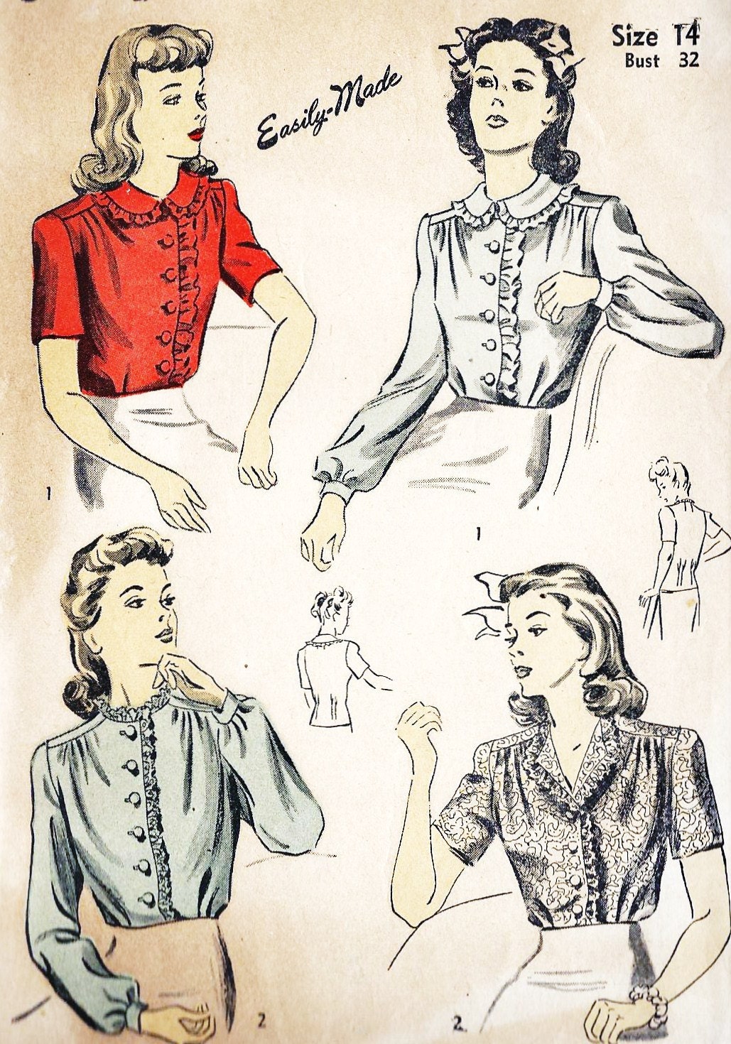 1940s Misses Blouse with Ruffles Vintage Sewing Pattern, DuBarry 5743 Bust 32" UNCUT