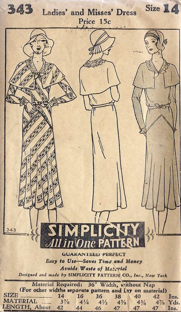 1920's Flapper Dress Vintage Sewing Pattern, Simplicity 343 bust 32" uncut