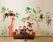 Children Wall Decal Wall Sticker Animals - Jungle with Monkey, Tree, Giraffe, Parrot Wall Stickers - PLJN010L