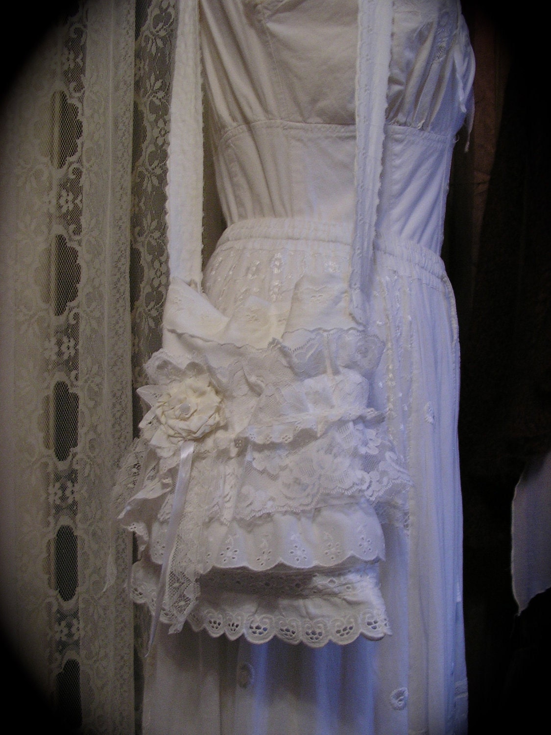 Layered Lace Purse a whimsical design of shabby ruffled eyelet lace white cotton linen handmade chic cottage SMALL