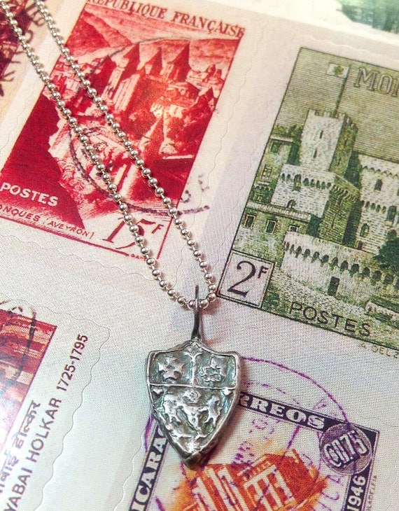 Armorial Shield Fine Silver Pendant with 18" Sterling Silver Ball Chain - Crest - Coat of Arms - Heraldry - Recycled Silver