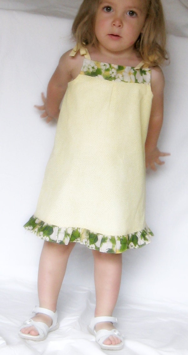 Clearance. Yellow Sun Dress with Green Floral Trim - Size 2T