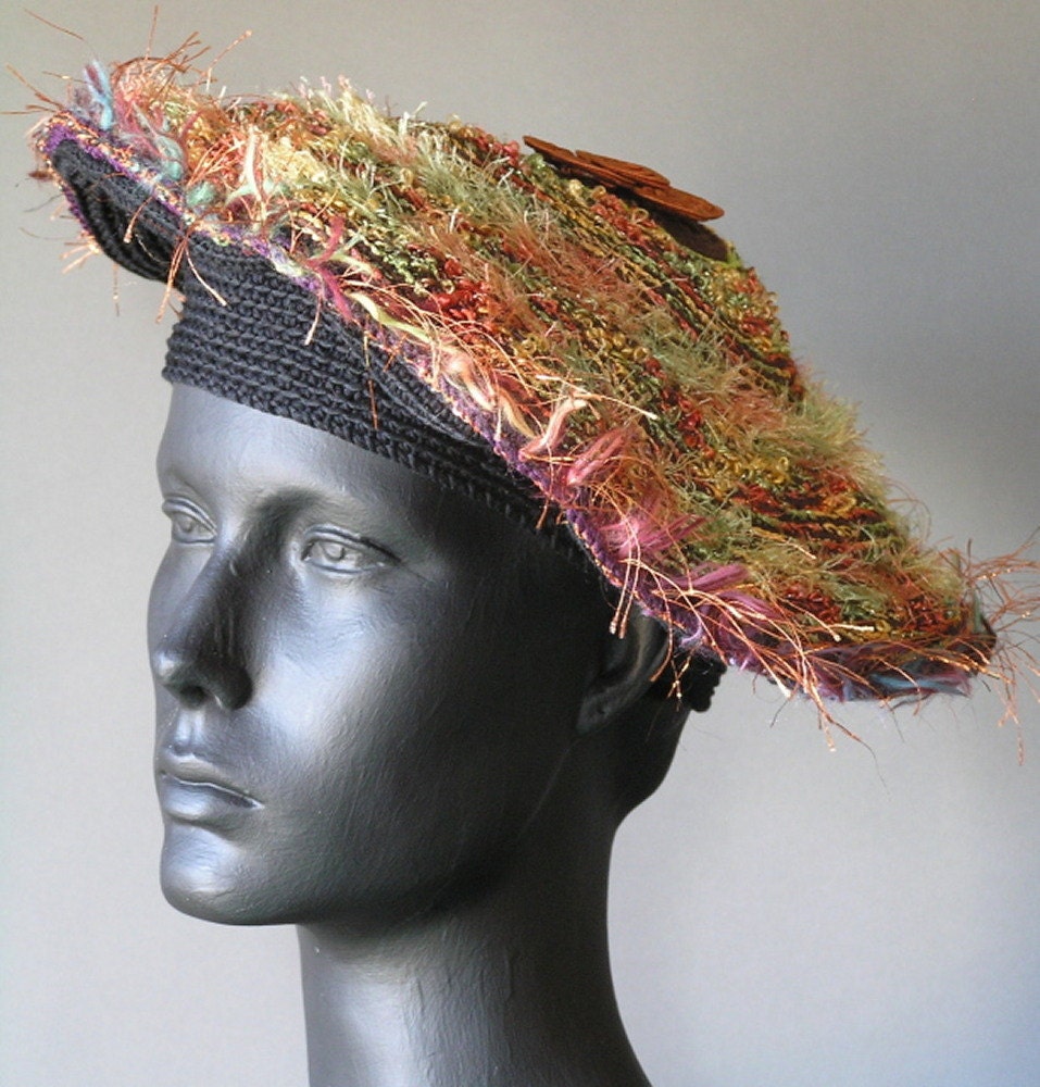 Earthy Colored Black Crochet Beret with an Ocre French Flower Pin...