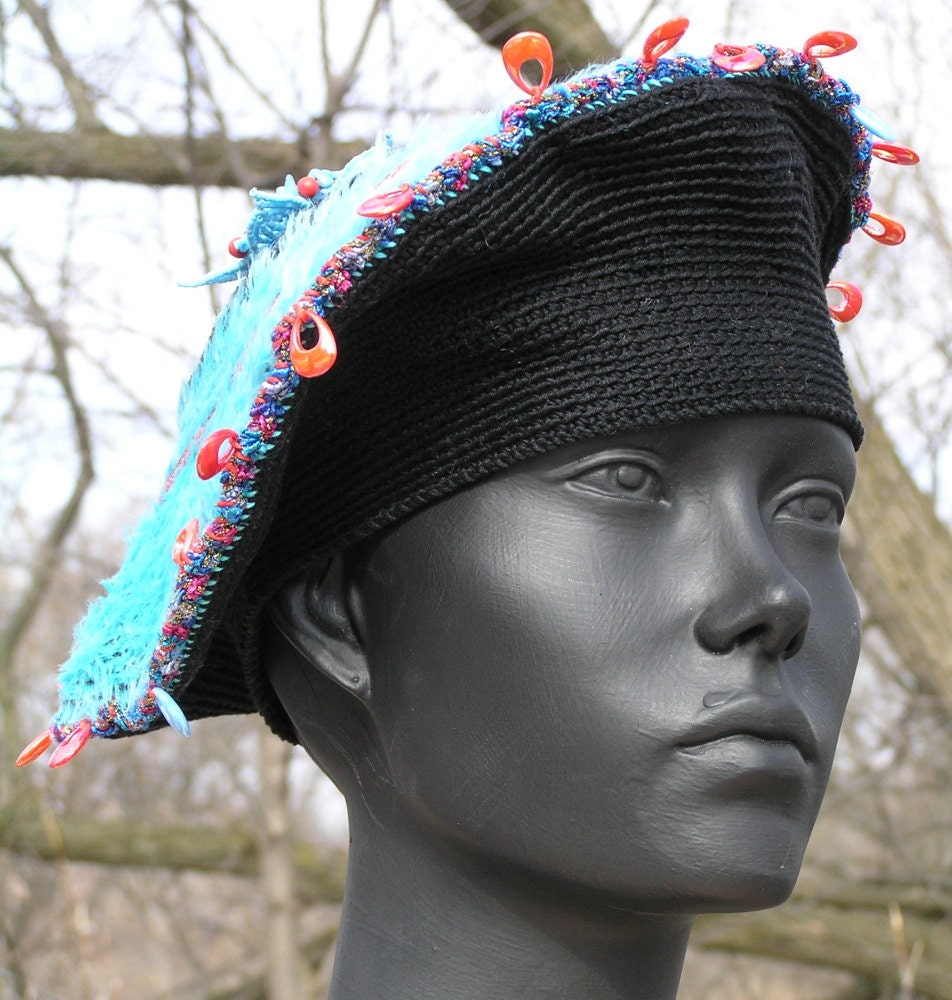 Fuzzy Baby Blue & Black Beret Crochet Hat with a Beautiful Beaded Flower Pin...