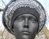 Black & Blue Huge Crochet Hat with a Black Hand-Made Bead from Thailand...
