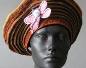 Earth-toned,  Mega Crochet Beret with a Dragonfly Pin...