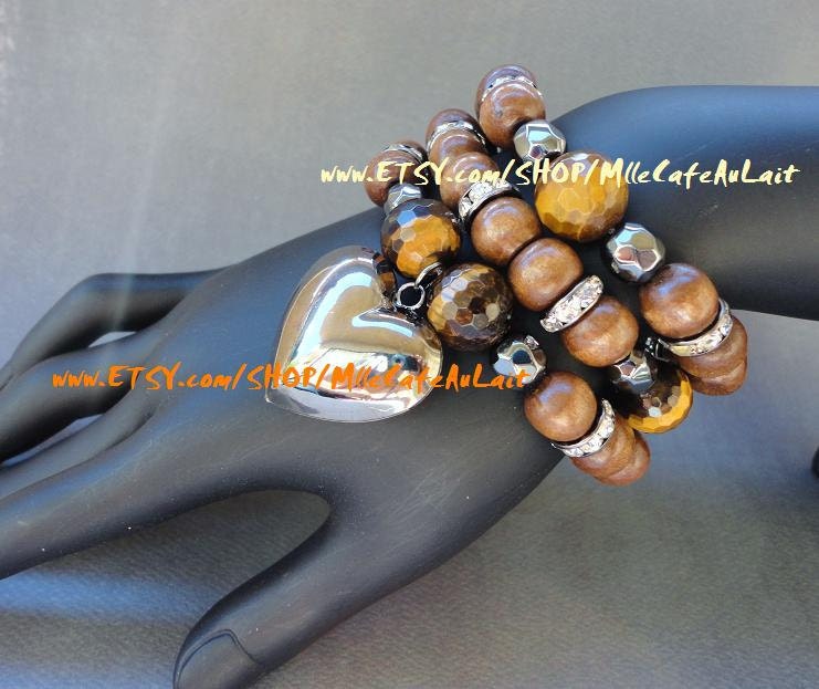 MARKDOWN Faceted Tigers-Eye, Hematite, Gunmetal Crystal Rondelle, Tan Polished Wood Beaded Charm Bracelet Set - SANTOLINA
