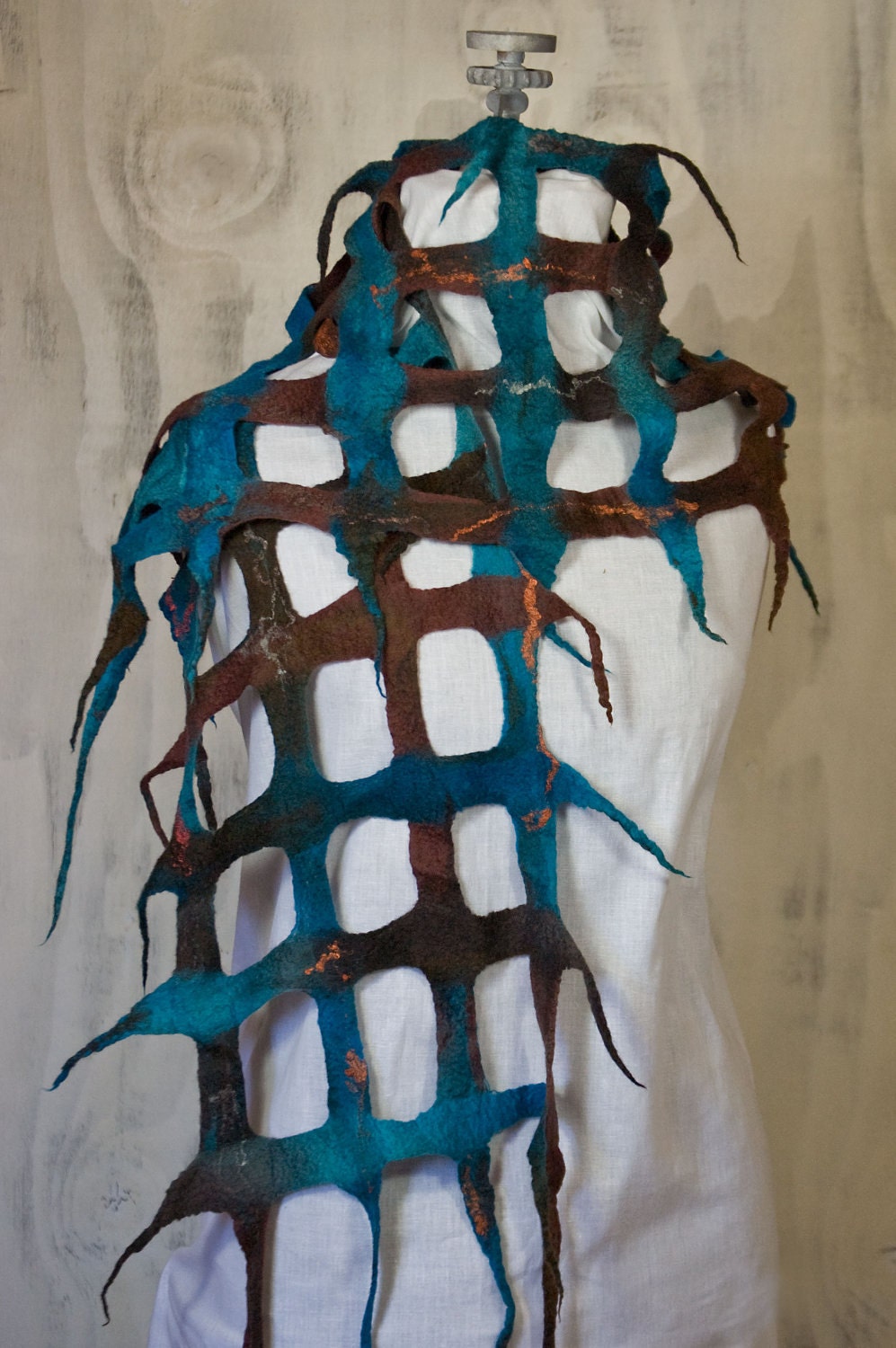 Felt Scarf Network Turquoise and Browns OOAK