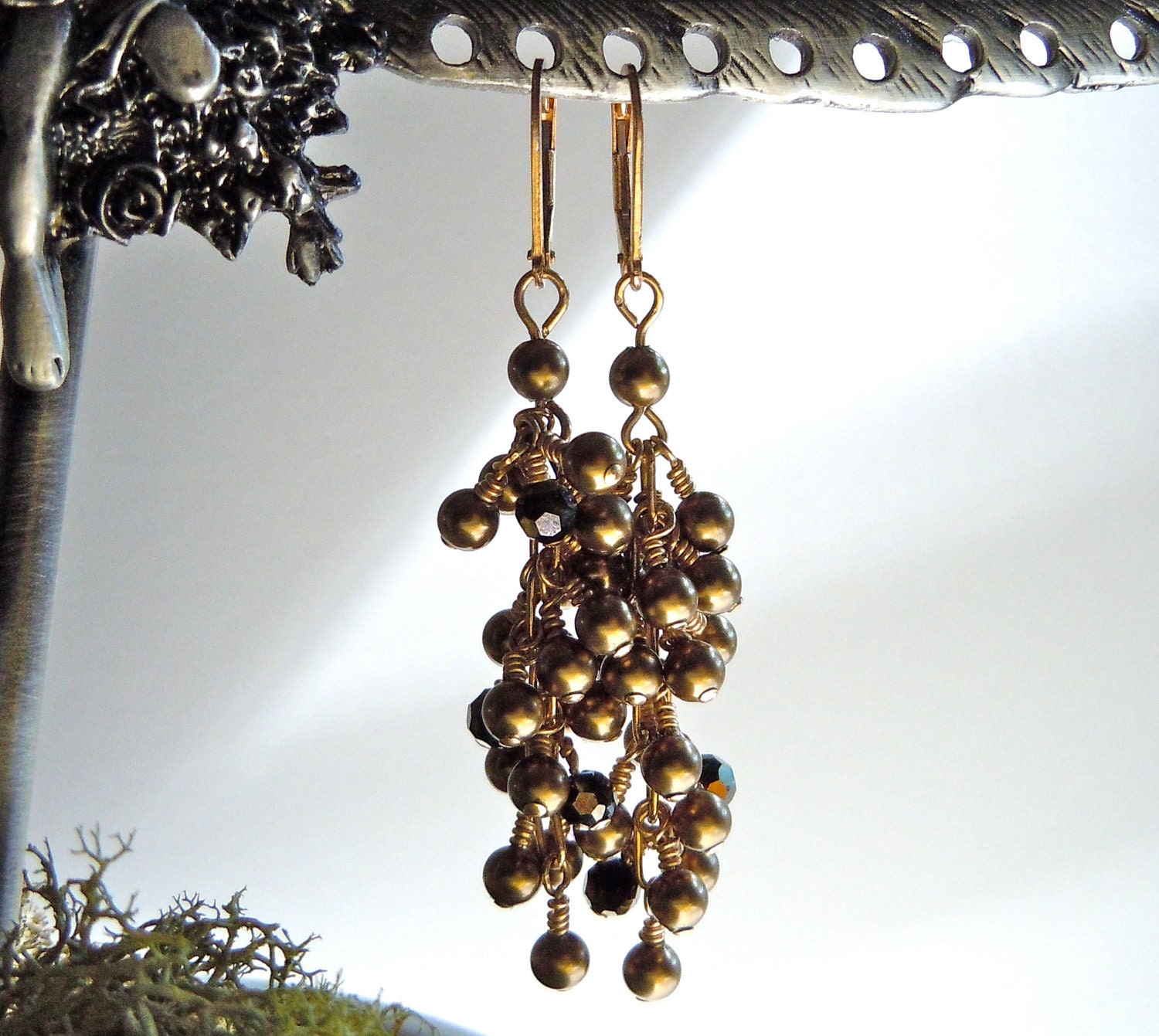 Bronze Gold Earrings, Metallic Cluster Earrings, Antique Bronze Crystal