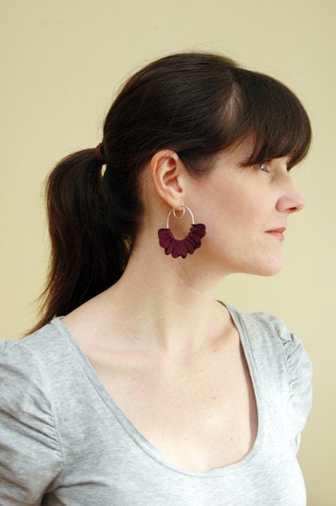 Fabric Flutter Hoop Earrings in Aubergine Purple & Sterling Silver