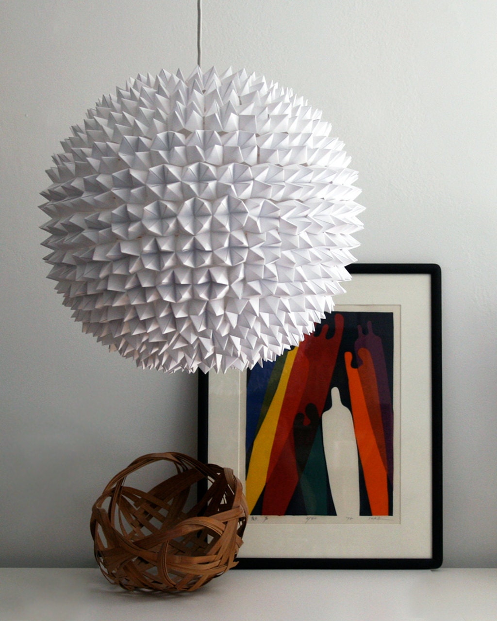 Large Faceted Pendant Light - White Folded Paper Hanging Sphere Lamp