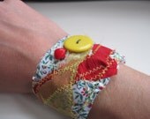 Recycled Upcycled Fabric Cuff :  Green, Yellow and Red Cuff