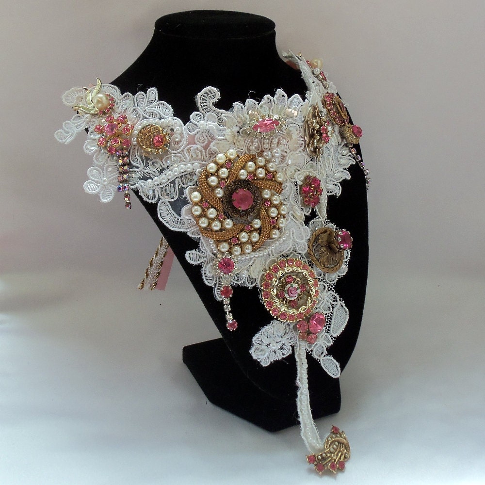 Statement Pink necklace, Victorian Noir Bridal Neck Piece, wedding bib, beaded lace with vintage pink rhinestone pieces, OOAK, glamor piece