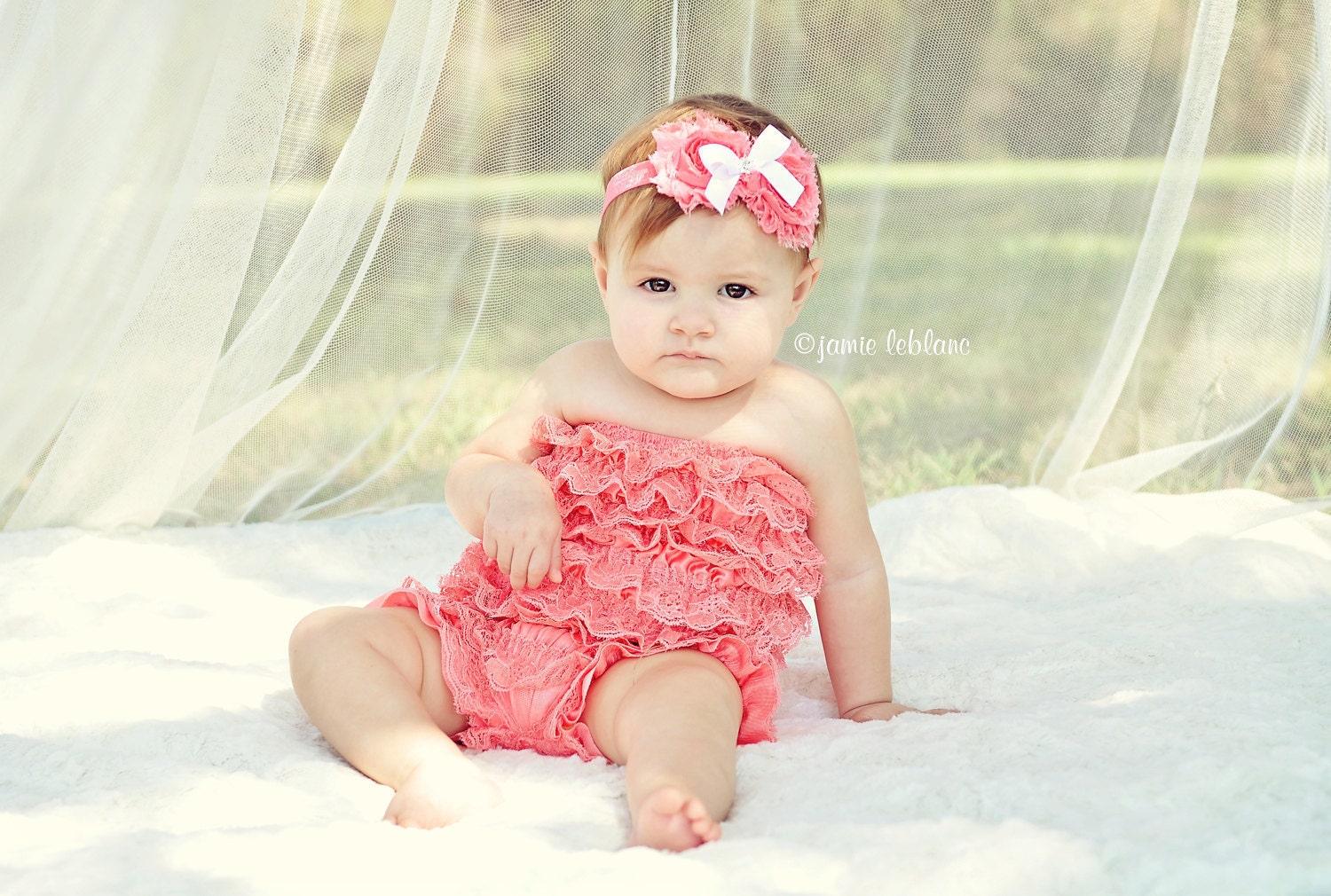 Coral Pink and White Baby Headband Girls Headband Rose Headband - Pretty Princess Chiffon Rosettes Duo with Satin Bow and Sparkle